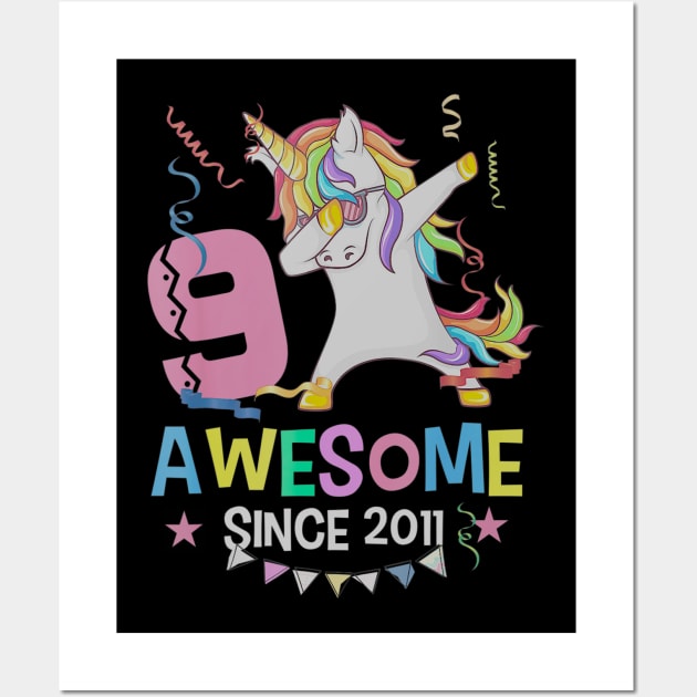 Girls 9th 9yr Birthday Unicorn Dabbing Awesome Since 2011 Wall Art by daylightpombo3